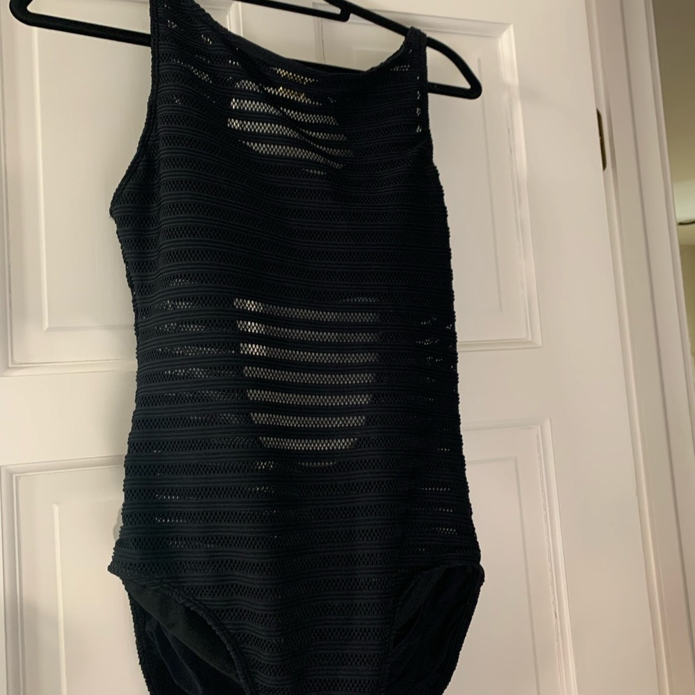 Ralph Lauren Ottoman Black Swimsuit Sexy One Piece Mesh Boatneck Suit Size 12